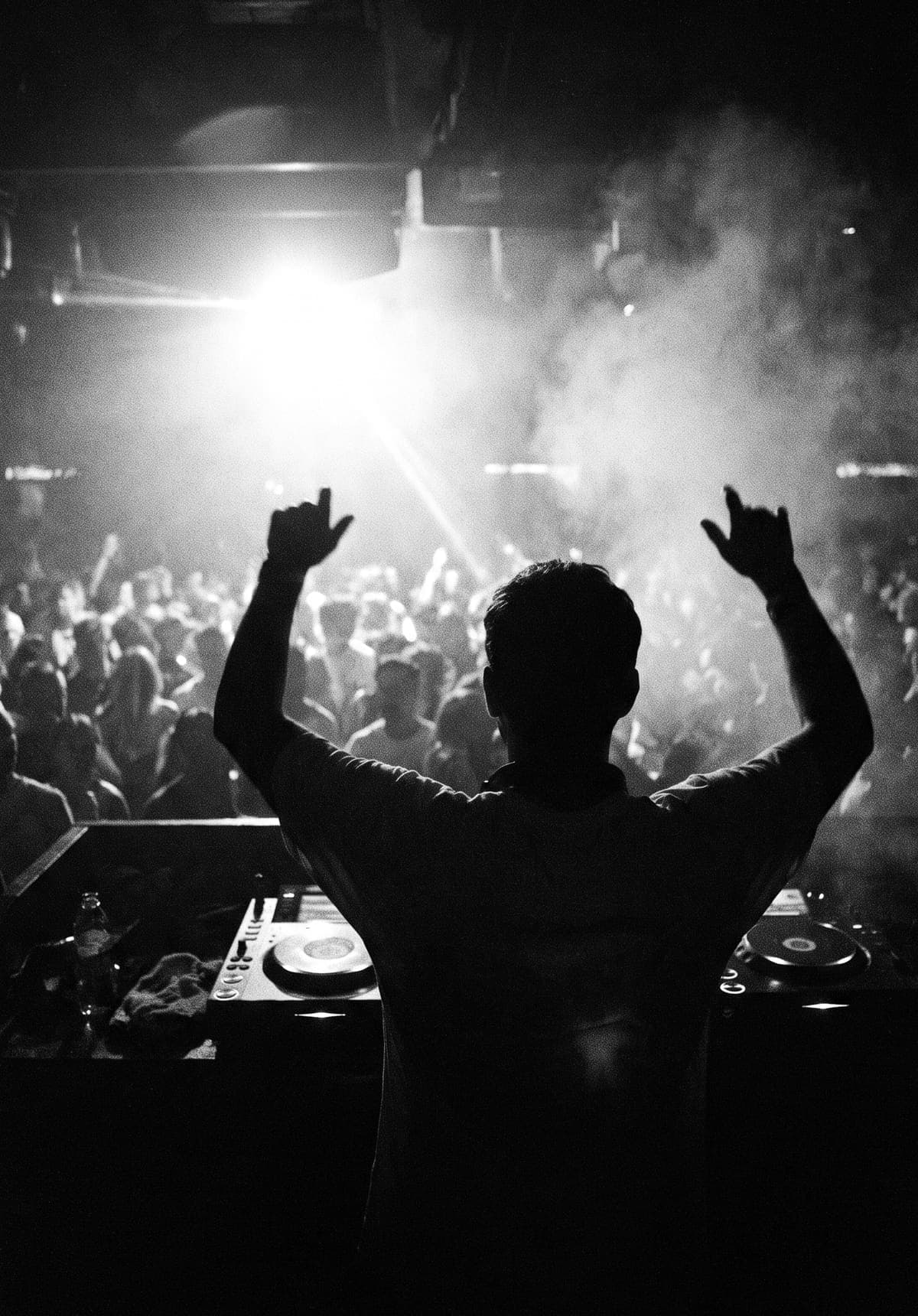 A DJ seen from behind, facing the floor